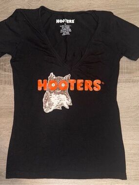 Hooters Black V-Neck Tee with Orange Logo and Owl